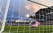 26 June 2025; Republic of Ireland goalkeeper Courtney Brosnan fails to stop the shot of Rose Lavelle of United States to concede her side's third goal during the women's international friendly match between the USA and Republic of Ireland at Dick’s Sporting Goods Park in Commerce City, Colorado, USA. Photo by Stephen McCarthy/Sportsfile
