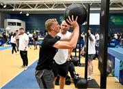 27 June 2025; Comedian Rory O'Connor helps out on the wall balls during the Fitness Inclusion Games by IWA at the Sport Ireland Indoor Arena on the National Sports Campus in Dublin. Photo by David Fitzgerald/Sportsfile
