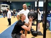 27 June 2025; Comedian Rory O'Connor helps out on the wall balls during the Fitness Inclusion Games by IWA at the Sport Ireland Indoor Arena on the National Sports Campus in Dublin. Photo by David Fitzgerald/Sportsfile