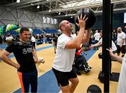 27 June 2025; Comedian Rory O'Connor helps out on the wall balls during the Fitness Inclusion Games by IWA at the Sport Ireland Indoor Arena on the National Sports Campus in Dublin. Photo by David Fitzgerald/Sportsfile
