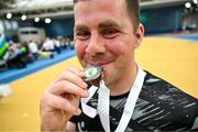 27 June 2025; Dylan Maguire with his medal after the Fitness Inclusion Games by IWA at the Sport Ireland Indoor Arena on the National Sports Campus in Dublin. Photo by David Fitzgerald/Sportsfile