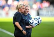 26 June 2025; Republic of Ireland head coach Carla Ward and assistant coach Charlotte Healy, right, during the women's international friendly match between the USA and Republic of Ireland at Dick’s Sporting Goods Park in Commerce City, Colorado, USA. Photo by Stephen McCarthy/Sportsfile