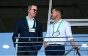 26 June 2025; FAI chief executive officer David Courell and FAI interim technical director Shane Robinson, right, during the women's international friendly match between the USA and Republic of Ireland at Dick’s Sporting Goods Park in Commerce City, Colorado, USA. Photo by Stephen McCarthy/Sportsfile