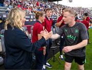 26 June 2025; Republic of Ireland assistant head coach Alan Mahon and United States head coach Emma Hayes before the women's international friendly match between the USA and Republic of Ireland at Dick’s Sporting Goods Park in Commerce City, Colorado, USA. Photo by Stephen McCarthy/Sportsfile