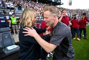 26 June 2025; Republic of Ireland assistant head coach Alan Mahon and United States head coach Emma Hayes before the women's international friendly match between the USA and Republic of Ireland at Dick’s Sporting Goods Park in Commerce City, Colorado, USA. Photo by Stephen McCarthy/Sportsfile