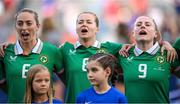 26 June 2025; Republic of Ireland players, from left, Megan Connolly, Ruesha Littlejohn and Amber Barrett stand for the playing of the National Anthem before the women's international friendly match between the USA and Republic of Ireland at Dick’s Sporting Goods Park in Commerce City, Colorado, USA. Photo by Stephen McCarthy/Sportsfile