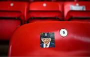 27 June 2025; A sticker of President of Ireland Michael D Higgins is seen in seating area before the SSE Airtricity Men's Premier Division match between Derry City and Drogheda United at The Ryan McBride Brandywell Stadium in Derry. Photo by Shauna Clinton/Sportsfile