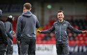 27 June 2025; Drogheda United players, including Darragh Markey, right, walk the pitch before the SSE Airtricity Men's Premier Division match between Derry City and Drogheda United at The Ryan McBride Brandywell Stadium in Derry. Photo by Shauna Clinton/Sportsfile