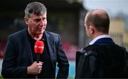 27 June 2025; St Patrick's Athletic manager Stephen Kenny speaks to Bernard O'Toole of Virgin Media Sport before the SSE Airtricity Men's Premier Division match between Cork City and St Patrick's Athletic at Turner's Cross in Cork. Photo by Brendan Moran/Sportsfile