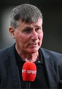 27 June 2025; St Patrick's Athletic manager Stephen Kenny speaks to Virgin Media Sport before the SSE Airtricity Men's Premier Division match between Cork City and St Patrick's Athletic at Turner's Cross in Cork. Photo by Brendan Moran/Sportsfile