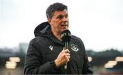 27 June 2025; Drogheda United manager Kevin Doherty is interviewed by LOI TV before the SSE Airtricity Men's Premier Division match between Derry City and Drogheda United at The Ryan McBride Brandywell Stadium in Derry. Photo by Shauna Clinton/Sportsfile