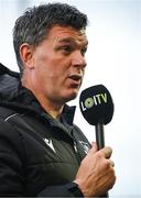 27 June 2025; Drogheda United manager Kevin Doherty is interviewed by LOI TV before the SSE Airtricity Men's Premier Division match between Derry City and Drogheda United at The Ryan McBride Brandywell Stadium in Derry. Photo by Shauna Clinton/Sportsfile