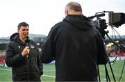 27 June 2025; Drogheda United manager Kevin Doherty is interviewed by LOI TV before the SSE Airtricity Men's Premier Division match between Derry City and Drogheda United at The Ryan McBride Brandywell Stadium in Derry. Photo by Shauna Clinton/Sportsfile