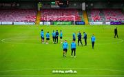 27 June 2025; Kian Leavy, left, and Simon Power of St Patrick's Athletic walk the pitch before the SSE Airtricity Men's Premier Division match between Cork City and St Patrick's Athletic at Turner's Cross in Cork. Photo by Brendan Moran/Sportsfile