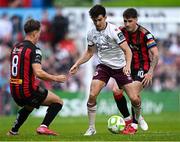27 June 2025; Jad Hakiki of Sligo Rovers in action against Bohemians players Dayle Rooney, left, and Dawson Devoy during the SSE Airtricity Men's Premier Division match between Bohemians and Sligo Rovers at Dalymount Park in Dublin. Photo by Seb Daly/Sportsfile