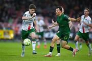 27 June 2025; Kitt Nelson of Cork City in action against Axel Sjoberg of St Patrick's Athletic during the SSE Airtricity Men's Premier Division match between Cork City and St Patrick's Athletic at Turner's Cross in Cork. Photo by Brendan Moran/Sportsfile