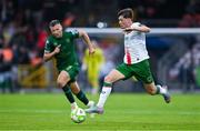 27 June 2025; Kitt Nelson of Cork City in action against Jamie Lennon of St Patrick's Athletic during the SSE Airtricity Men's Premier Division match between Cork City and St Patrick's Athletic at Turner's Cross in Cork. Photo by Brendan Moran/Sportsfile