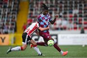 27 June 2025; Aaron Harper-Bailey of Drogheda United in action against Gavin Whyte of Derry City during the SSE Airtricity Men's Premier Division match between Derry City and Drogheda United at The Ryan McBride Brandywell Stadium in Derry. Photo by Shauna Clinton/Sportsfile