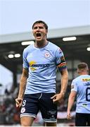 27 June 2025; Sean Boyd of Shelbourne celebrates his side's first goal, scored by team-mate Mipo Odubeko, during the SSE Airtricity Men's Premier Division match between Galway United and Shelbourne at Eamonn Deacy Park in Galway. Photo by Piaras Ó Mídheach/Sportsfile