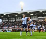 27 June 2025; Sean Boyd, left, and JJ Lunney of Shelbourne celebrates their side's first goal, scored by team-mate Mipo Odubeko, during the SSE Airtricity Men's Premier Division match between Galway United and Shelbourne at Eamonn Deacy Park in Galway. Photo by Piaras Ó Mídheach/Sportsfile