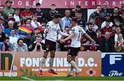 27 June 2025; Owen Elding of Sligo Rovers, left, celebrates with teammate Daire Patton after scoring their side's first goal during the SSE Airtricity Men's Premier Division match between Bohemians and Sligo Rovers at Dalymount Park in Dublin. Photo by Seb Daly/Sportsfile