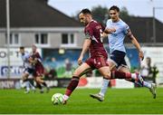 27 June 2025; Greg Cunningham of Galway United in action against Sean Boyd of Shelbourne during the SSE Airtricity Men's Premier Division match between Galway United and Shelbourne at Eamonn Deacy Park in Galway. Photo by Piaras Ó Mídheach/Sportsfile