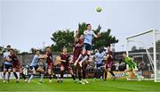 27 June 2025; Daniel Kelly of Shelbourne jumps highest at a corner during the SSE Airtricity Men's Premier Division match between Galway United and Shelbourne at Eamonn Deacy Park in Galway. Photo by Piaras Ó Mídheach/Sportsfile