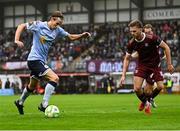 27 June 2025; Harry Wood of Shelbourne in action against Robert Slevin of Galway United during the SSE Airtricity Men's Premier Division match between Galway United and Shelbourne at Eamonn Deacy Park in Galway. Photo by Piaras Ó Mídheach/Sportsfile