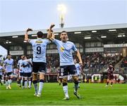 27 June 2025; James Norris of Shelbourne celebrates his side's first goal, scored by team-mate Mipo Odubeko, during the SSE Airtricity Men's Premier Division match between Galway United and Shelbourne at Eamonn Deacy Park in Galway. Photo by Piaras Ó Mídheach/Sportsfile