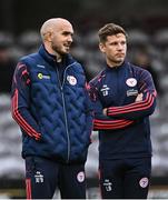 27 June 2025; Shelbourne interim head coach Joey O'Brien, left, with Shelbourne technical director Luke Byrne before the SSE Airtricity Men's Premier Division match between Galway United and Shelbourne at Eamonn Deacy Park in Galway. Photo by Piaras Ó Mídheach/Sportsfile