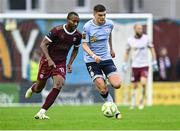 27 June 2025; Sean Gannon of Shelbourne in action against Malcolm Shaw of Galway United during the SSE Airtricity Men's Premier Division match between Galway United and Shelbourne at Eamonn Deacy Park in Galway. Photo by Piaras Ó Mídheach/Sportsfile