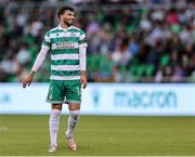 27 June 2025; Danny Mandroiu of Shamrock Rovers reacts to a missed opportunity on goal during the SSE Airtricity Men's Premier Division match between Shamrock Rovers and Waterford at Tallaght Stadium in Dublin. Photo by Thomas Flinkow/Sportsfile