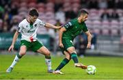 27 June 2025; Zach Elbouzedi of St Patrick's Athletic in action against Kitt Nelson of Cork City during the SSE Airtricity Men's Premier Division match between Cork City and St Patrick's Athletic at Turner's Cross in Cork. Photo by Brendan Moran/Sportsfile