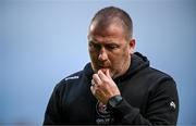 27 June 2025; Bohemians manager Alan Reynolds leaves the pitch at half-time during the SSE Airtricity Men's Premier Division match between Bohemians and Sligo Rovers at Dalymount Park in Dublin. Photo by Seb Daly/Sportsfile