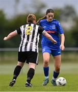 27 June 2025; Rebecca Kavanagh of Newbridge Town in action against Natasha Graham of Whitehall Rangers during the Sports Direct Women's FAI Cup first round match between Newbridge Town and Whitehall at Greenogue Park in Dublin. Photo by Stephen Marken/Sportsfile