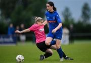 27 June 2025; Jess McNulty of Newbridge Town goes around Whitehall Rangers goalkeeper Lauren Davis during the Sports Direct Women's FAI Cup first round match between Newbridge Town and Whitehall at Greenogue Park in Dublin. Photo by Stephen Marken/Sportsfile
