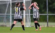 27 June 2025; Charlene Graham celebrates after scoring her side's first goal with Sinead O'Kelly of Whitehall Rangers  during the Sports Direct Women's FAI Cup first round match between Newbridge Town and Whitehall at Greenogue Park in Dublin. Photo by Stephen Marken/Sportsfile