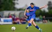 27 June 2025; Rebecca Kavanagh of Newbridge Town has a shot on goal during the Sports Direct Women's FAI Cup first round match between Newbridge Town and Whitehall at Greenogue Park in Dublin. Photo by Stephen Marken/Sportsfile