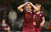 27 June 2025; Cian Byrne of Galway United reacts during the SSE Airtricity Men's Premier Division match between Galway United and Shelbourne at Eamonn Deacy Park in Galway. Photo by Piaras Ó Mídheach/Sportsfile