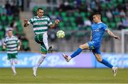 27 June 2025; Graham Burke of Shamrock Rovers in action against Darragh Leahy of Waterford during the SSE Airtricity Men's Premier Division match between Shamrock Rovers and Waterford at Tallaght Stadium in Dublin. Photo by Thomas Flinkow/Sportsfile