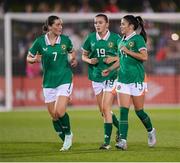 26 June 2025; Republic of Ireland players, from left, Tyler Toland, Abbie Larkin and Marissa Sheva during the women's international friendly match between the USA and Republic of Ireland at Dick’s Sporting Goods Park in Commerce City, Colorado, USA. Photo by Stephen McCarthy/Sportsfile