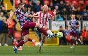 27 June 2025; Conor Keeley of Drogheda United in action against Liam Boyce of Derry City during the SSE Airtricity Men's Premier Division match between Derry City and Drogheda United at The Ryan McBride Brandywell Stadium in Derry. Photo by Shauna Clinton/Sportsfile