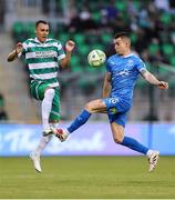 27 June 2025; Graham Burke of Shamrock Rovers in action against Darragh Leahy of Waterford during the SSE Airtricity Men's Premier Division match between Shamrock Rovers and Waterford at Tallaght Stadium in Dublin. Photo by Thomas Flinkow/Sportsfile