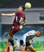 27 June 2025; Robert Burns of Galway United in action against Evan Caffrey of Shelbourne during the SSE Airtricity Men's Premier Division match between Galway United and Shelbourne at Eamonn Deacy Park in Galway. Photo by Piaras Ó Mídheach/Sportsfile