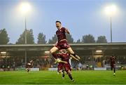 27 June 2025; Robert Burns of Galway United celebrates scoring his side's first goal during the SSE Airtricity Men's Premier Division match between Galway United and Shelbourne at Eamonn Deacy Park in Galway. Photo by Piaras Ó Mídheach/Sportsfile