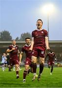 27 June 2025; Robert Burns of Galway United celebrates scoring his side's first goal during the SSE Airtricity Men's Premier Division match between Galway United and Shelbourne at Eamonn Deacy Park in Galway. Photo by Piaras Ó Mídheach/Sportsfile