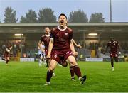 27 June 2025; Robert Burns of Galway United celebrates scoring his side's first goal during the SSE Airtricity Men's Premier Division match between Galway United and Shelbourne at Eamonn Deacy Park in Galway. Photo by Piaras Ó Mídheach/Sportsfile