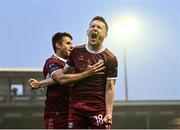 27 June 2025; Robert Burns of Galway United celebrates with team-mate Regan Donelon, left, after scoring their side's first goal during the SSE Airtricity Men's Premier Division match between Galway United and Shelbourne at Eamonn Deacy Park in Galway. Photo by Piaras Ó Mídheach/Sportsfile