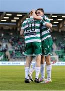 27 June 2025; Rory Gaffney of Shamrock Rovers, 20,  celebrates with teammate Matt Healy after scoring his side's first goal during the SSE Airtricity Men's Premier Division match between Shamrock Rovers and Waterford at Tallaght Stadium in Dublin. Photo by Thomas Flinkow/Sportsfile