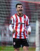 27 June 2025; Danny Mullen of Derry City celebrates after scoring his side's third goal during the SSE Airtricity Men's Premier Division match between Derry City and Drogheda United at The Ryan McBride Brandywell Stadium in Derry. Photo by Shauna Clinton/Sportsfile